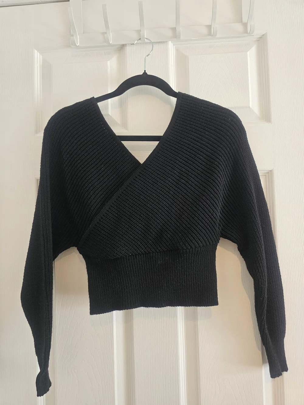 Black Ribbed Wrap Knit Sweater-One Size